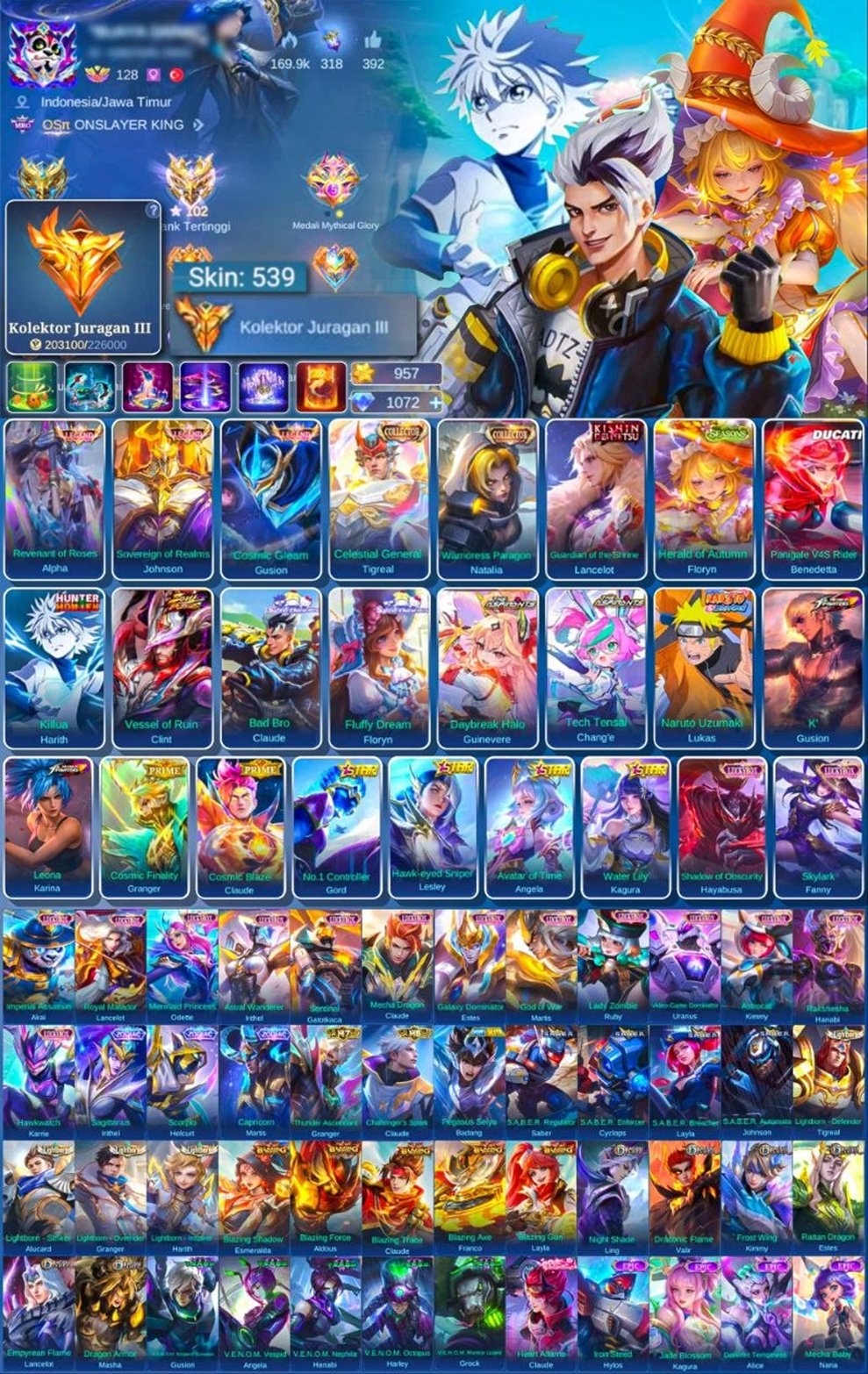 ✅LEG ALPHA+2✅🔴KISHIN LANS🔴🔥VESSEL CLINT-HUNTER HARIT-NARUTO LUKAS🔥💎SANIRO CLLOUD-FLORIN💎, Sale, Rank: Elite, Level: 128, Winrate: 52%, Heroes: 132, Skins: 539