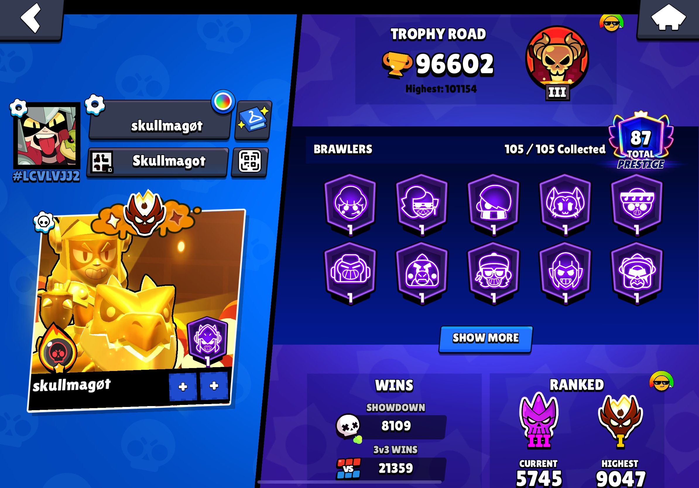 Delicious old account of 2019, trophies 101000, brawlers 106, primes 87