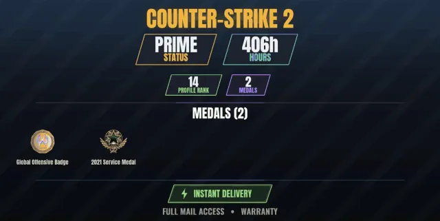 CS2 Prime🎮406h💠2 medals Medal for Service 2021, Global Offensive Badge, Sale, Inventory empty, Has PRIME