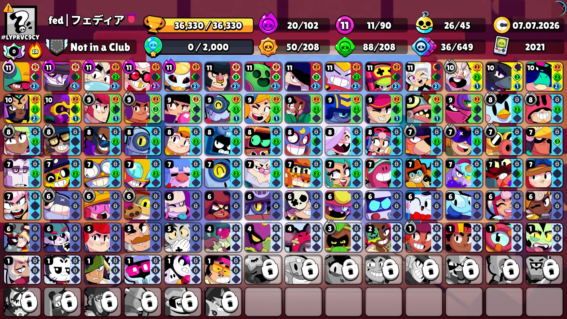 ⚠️**[AUTO]**💎⭐️🔮36k🏆🔮 90 out of 104🔮 11-11 POWER 🔮2021 YEAR🥵 COOL SKINS🔥 12 PRIME💘, trophies 36000, brawlers 90, primes 12
