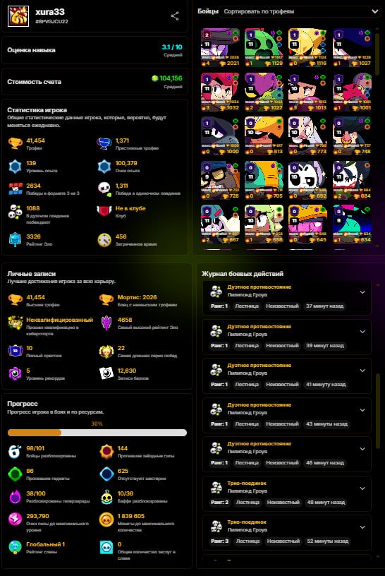 brawl PASS PLUS 103/103🌟45 hypershadow ⚡ 326 skin 💟 2019 41454 trophies 🏆 🏆 🏆 🎫 10 primes⚜️ b, trophies 45556, brawlers 103