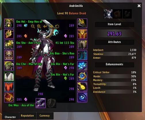 Account with 6 druids. Main 293 ilvl, 90 level, Night Elf, Druid