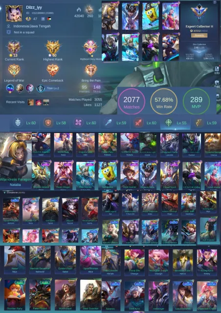 [SEA/GLOBAL] Ex-Glory 60⭐| 148 Skins | Saint Seiya Badang, S.A.B.E.R. | High WR 57.6%, Sale, Rank: Mythical, Level: 47, Win Rate: 57%, Heroes: 95, Skins: 148
