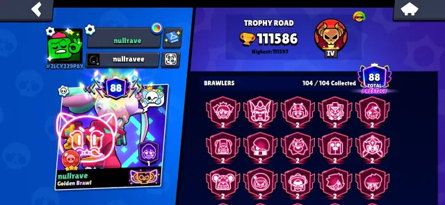 🎫3 БП+🏆111000🏆👤104 из 104👤🍒УНО ЧЕСТЕР🧸ФОРВАРД КАРЛ🧸🧁ЧУМБА ДЖЭ ЕН🧁⚔️20-11 LVL⚔️🎀277 СКИН🎀, 111000 кубков, 104 бравлеров, 88 праймов