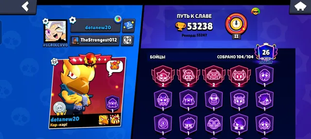 104 fighters 22х1 primes and 4x2 primes, the rest in PM, trophies 53238, brawlers 104, primes 26