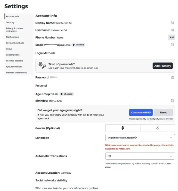 Account with Robux. ~90000 Robux on balance. Verified age. Region Germany, Sale, Voice chat: Available