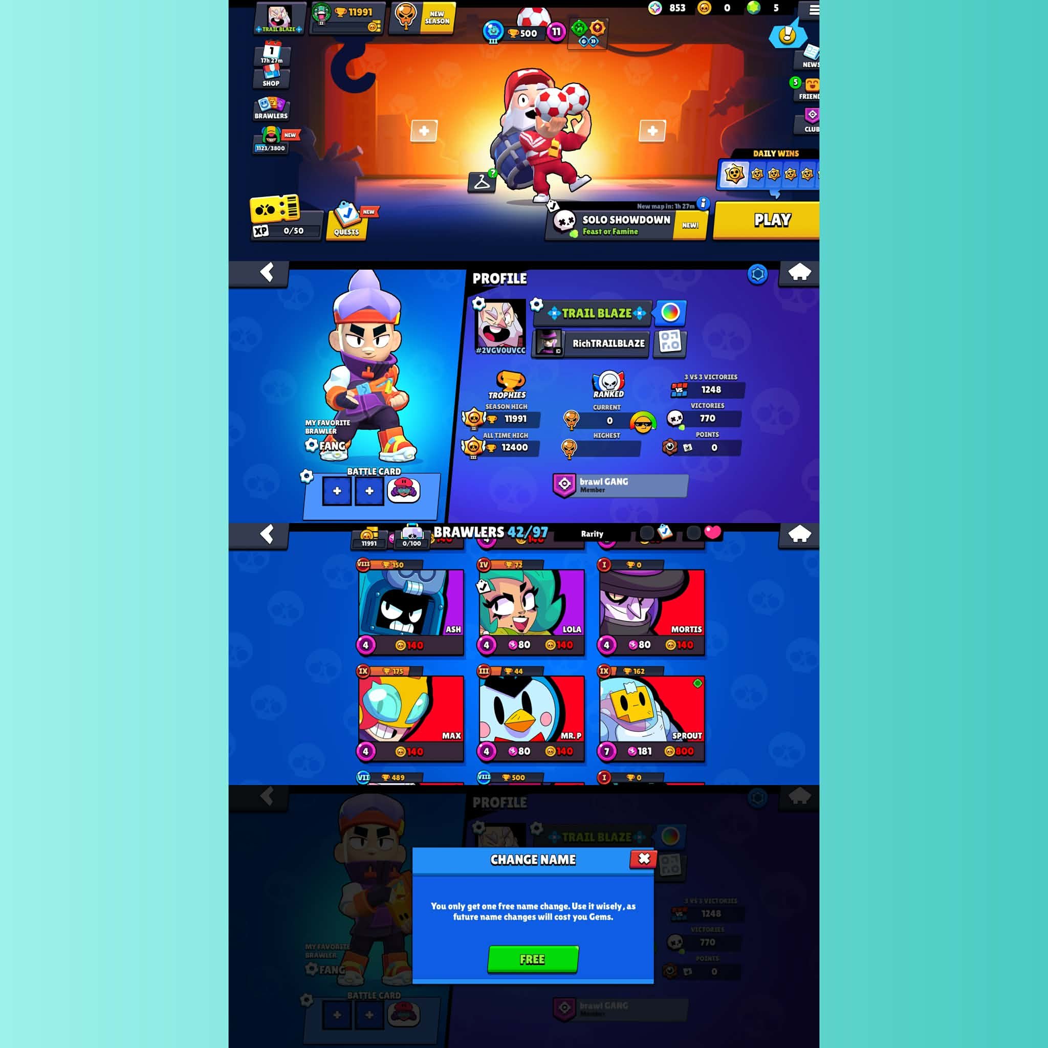 Best Skin - 11991 Trophies - 42 Brawlers - NC FREE - All Details Changeable - No. 592, trophies 11991, brawlers 42