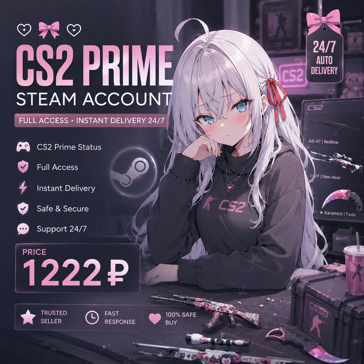 🤍🎀CS2 PRIME · Steam Ready · Instant Delivery 24/7🎀🤍, Sale, Empty, Yes PRIME, Competitive
