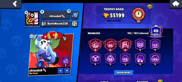 good account, 55k, highest league - lega, 55000 trophies, 102 brawlers, 40 primes