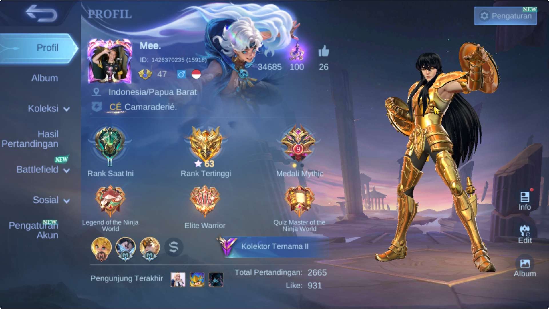 Global |Hero 102|Skin 240|SaintSaiya Chou|Lucbox Freya,Moskov|Zodiac Hilda,Badang etc| ML984B, Sale, Rank: Epic, Level: 47, Winrate: 50%, Heroes: 108, Skins: 240