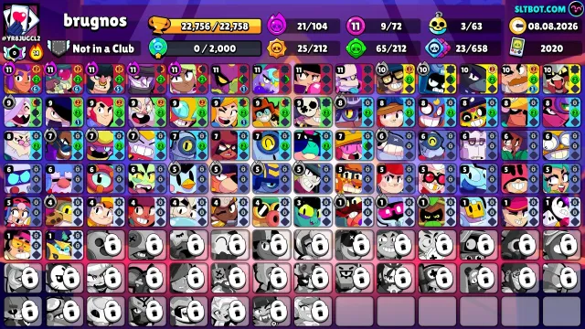 85K | 97 Maxed | 87 Hyper | 380 Skins | 49 Prestige | Meteor Fame 1 | Legendary Ranked | Pin 11.11, 85000 trophies, 103 brawlers, 380 primes