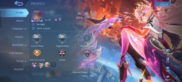 ASPIRANT OBSIDIAN COLLECTOR HANABI LIGHTBORN FANNY, HARRIT EPIC LSS, GOSSEN, Sale, Rank: Grandmaster, Level: 24, Win Rate: 98%, Heroes: 40, Skins: 62