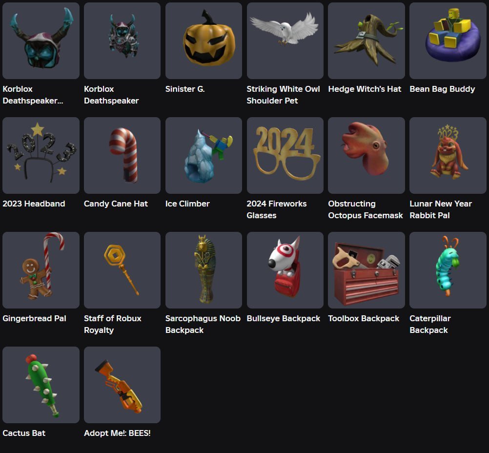 Korblox deathspeaker bundle + Sinister G. + Staff of Robux Royalty + Adopt Me!: BEES!, Sale, Voice chat: No