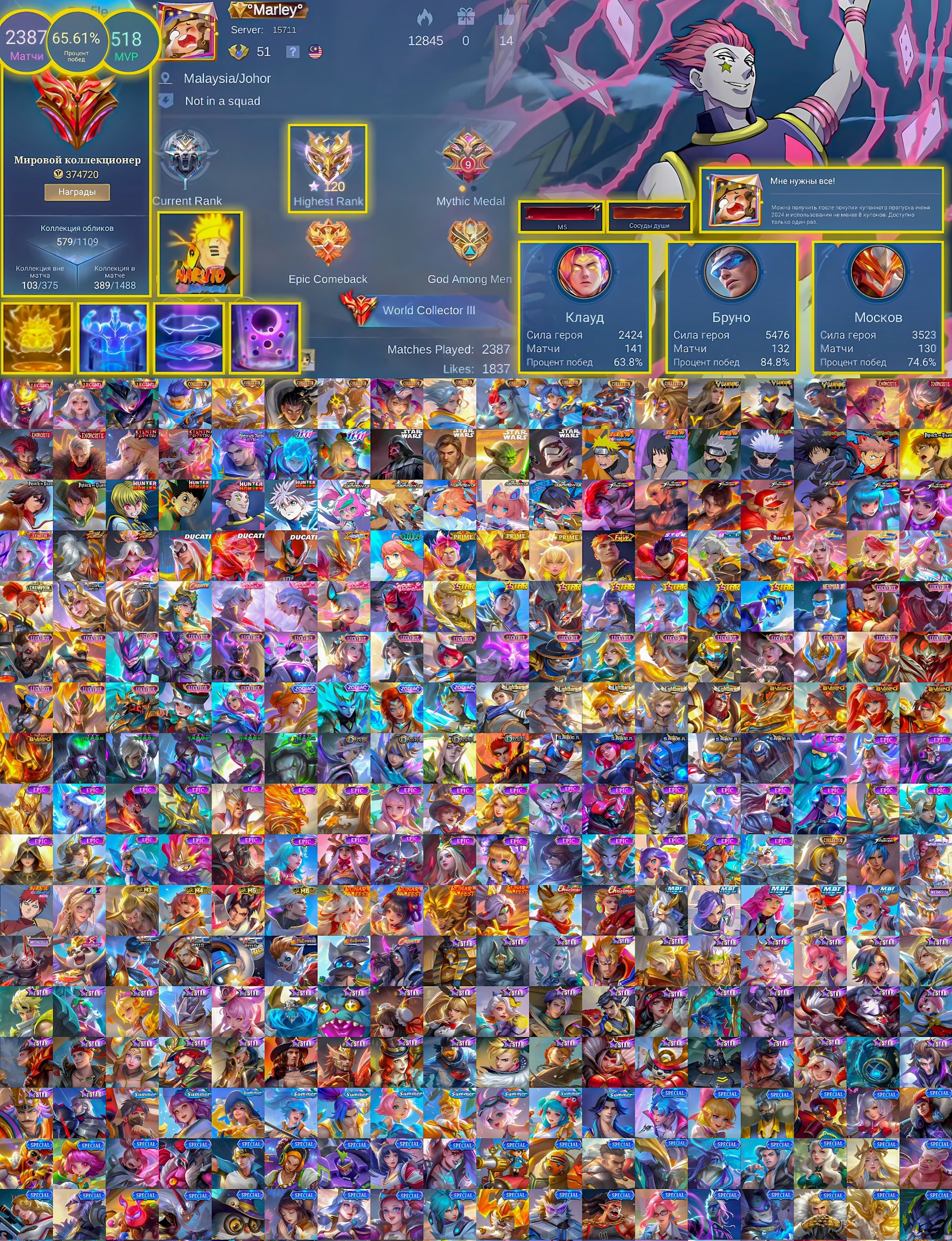 🔥ADC Account🔥Naruto-Magic Wheel-Hunter-Kishin-Exorcists-AOT-Dawning-Star Wars-KOF-DUCATI Lineup🔥, Sale, Rank: Grandmaster, Level: 81, Winrate: 65%, Heroes: 132, Skins: 579