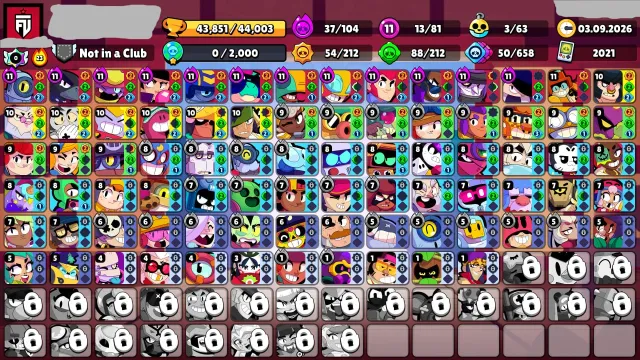 🤍43k🤍81/106🤍13 11 POWER🤍37 HYPER🤍192 SKINS🤍24 TITLES🤍3 BUFFS🤍, 43000 trophies, 81 brawlers
