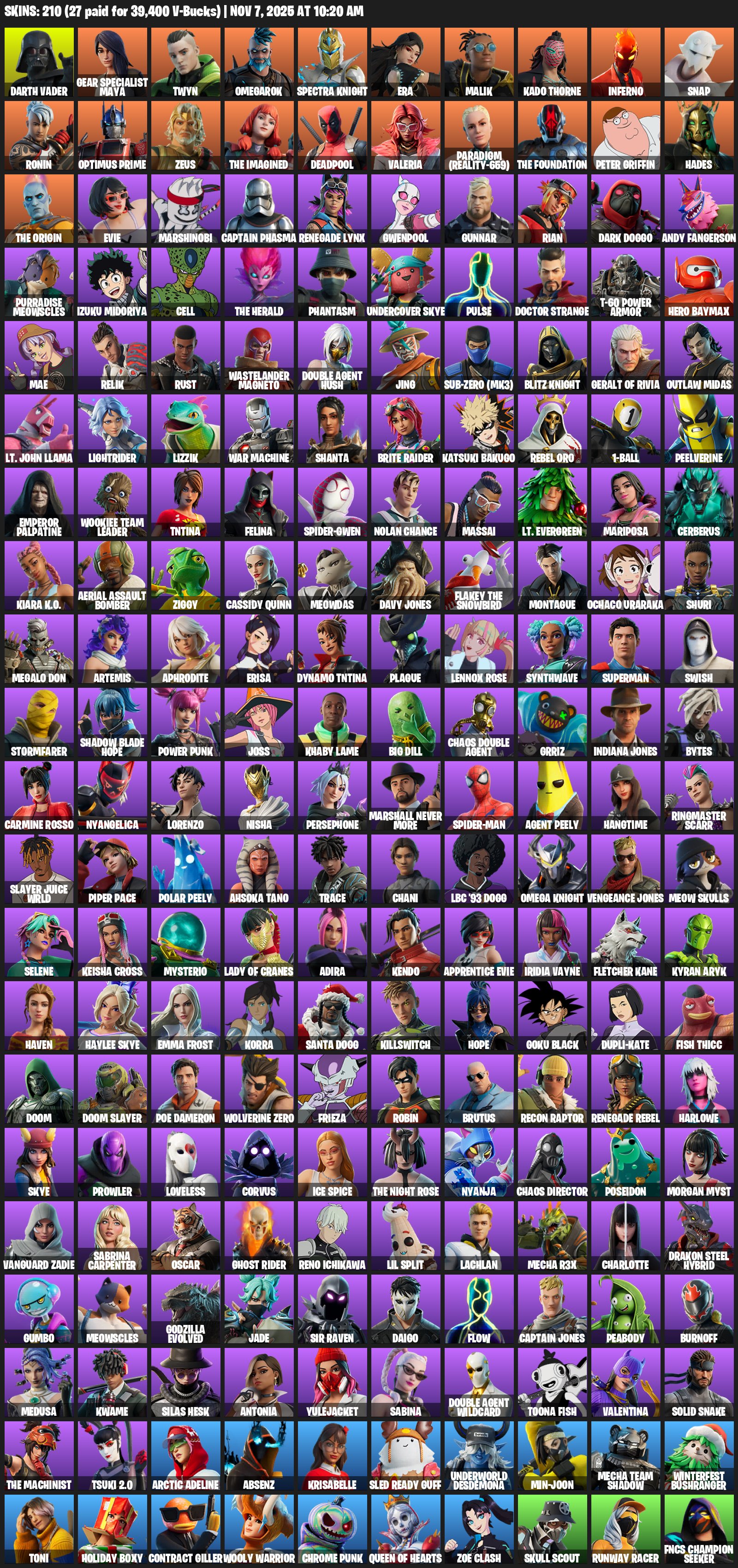 🌸210 SKINS💎Corvus💎Ghost Rider💎Izuku Midoriya💎300 VB💎Leisure💎✨ Full access✨, Sale, skins 210