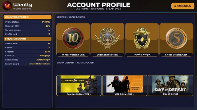 🔥 [CS2 PRIME] +4 RARE MEDALS: 10 YEARS · SERVICE 2021 — 2010 | +2 GAMES | FULL ACCESS #3THPP5, Sale, Inventory empty, PRIME available