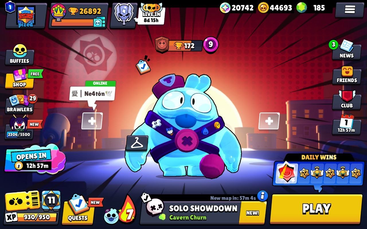 59k 💎, 104 Brawlers + Sirius, 13 Legendaries, 30 Power 11s + 23 Hypercharges, 200 skins, trophies 59000, brawlers 104