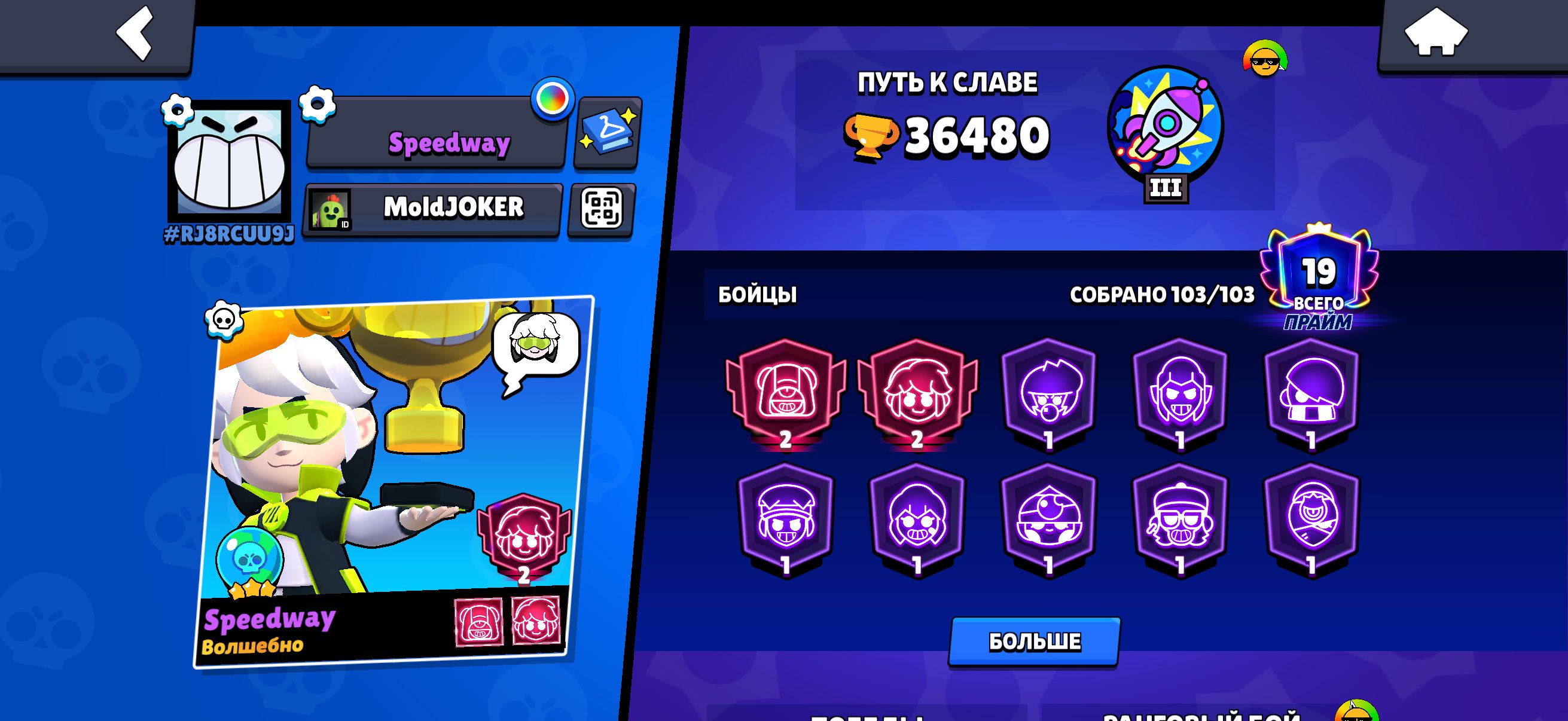 Dhdjdjdjdj, trophies 36480, brawlers 103, primes 19