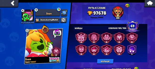 Good account, very many cool skins, a lot of trophies, 97000 trophies, 105 brawlers, 69 primes