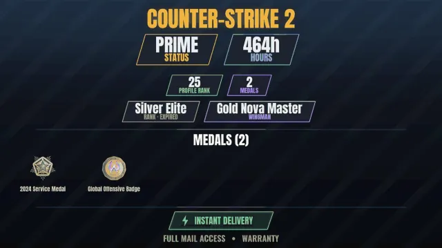 【CS2 Prime🎯464h👑2 medals】【RUST】 Service Medal 2024, Global Offensive Badge, Sale, With inventory, Has PRIME