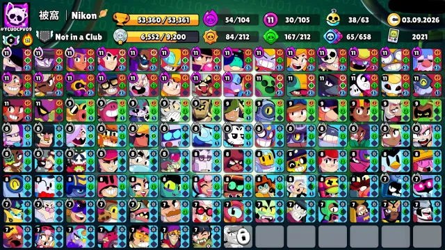 🏆53000🏆💵OLD BP💵⚔️30x11 POWER⚔️⭐38 BUFFY⭐🩸BAD BUZZ🩸🌊SURFER CARL🌊🃏UNO CHESTER🃏👺FACLESS KENZI👺, 53360 trophies, 105 brawlers, 15 primes