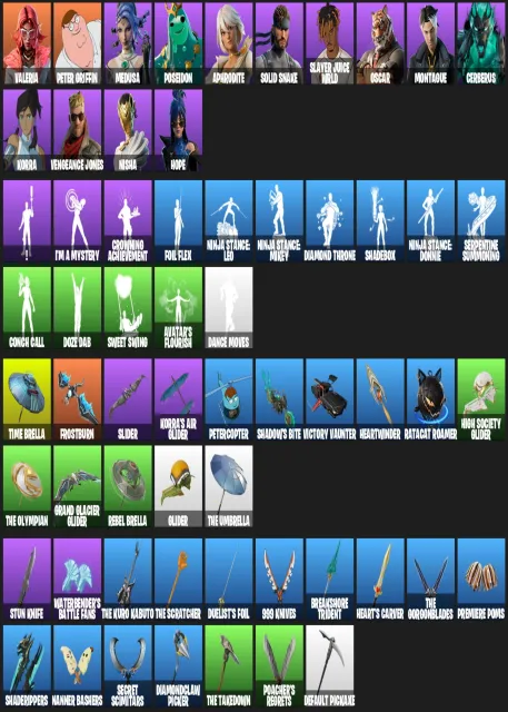 🌺14 skins 🌺17 pioches🌺Dépense totale 2000VB🌺 Valeria/Peter Griffin/Medusa/Korra/Cerberus, Vente, skins 14