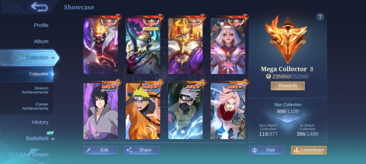 Mega 2⚡Lanchlot full set legend 5 Naruto full set phase 1st JJK Julian kishin 2 asp 4 Neobest 3, Sale, Rank: Mythic, Level: 83, Winrate: 53%, Heroes: 132, Skins: 498