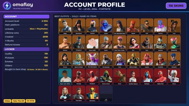 🔥 【FORTNITE】 💚 OG STW, Midas, Take The Elf, Warpaint 💚 116 Skins | 2034 Stufen | 50 V-Bucks, Verkauf, Skins 116