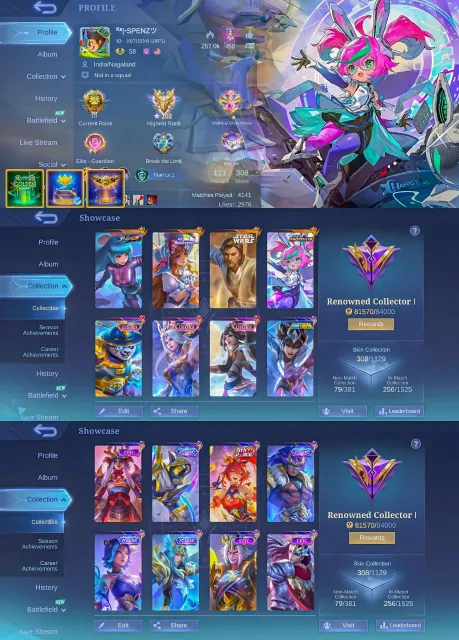🌹Star wars argus/ Hisoka/ Coll atlas/ Aspirant funny/ Kishin angela/ Kof aurora🌹, Sale, Rank: Mythical Immortal, Level: 58, Winrate: 50%, Heroes: 50, Skins: 310
