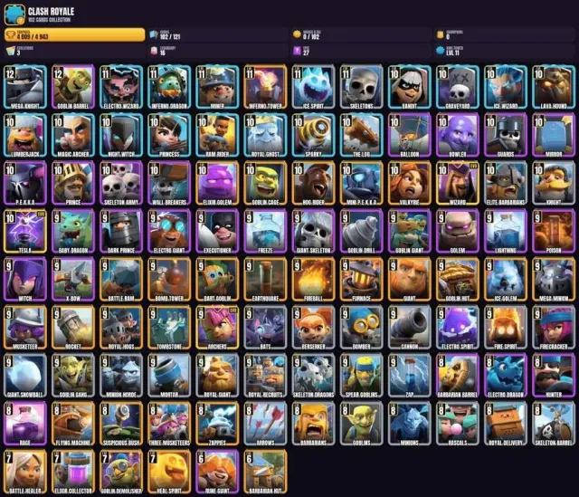 11 King Level 🎯 102 Cards 👑 3 EVO CARDS 👑 2×Level 12 🏆 6×Level 11 🎮 29×Level 10 👑 44×Level 9 👑 15×Level 8 🎯, Arena 14, Level 11, 4809 Trophies, 102 Cards, No