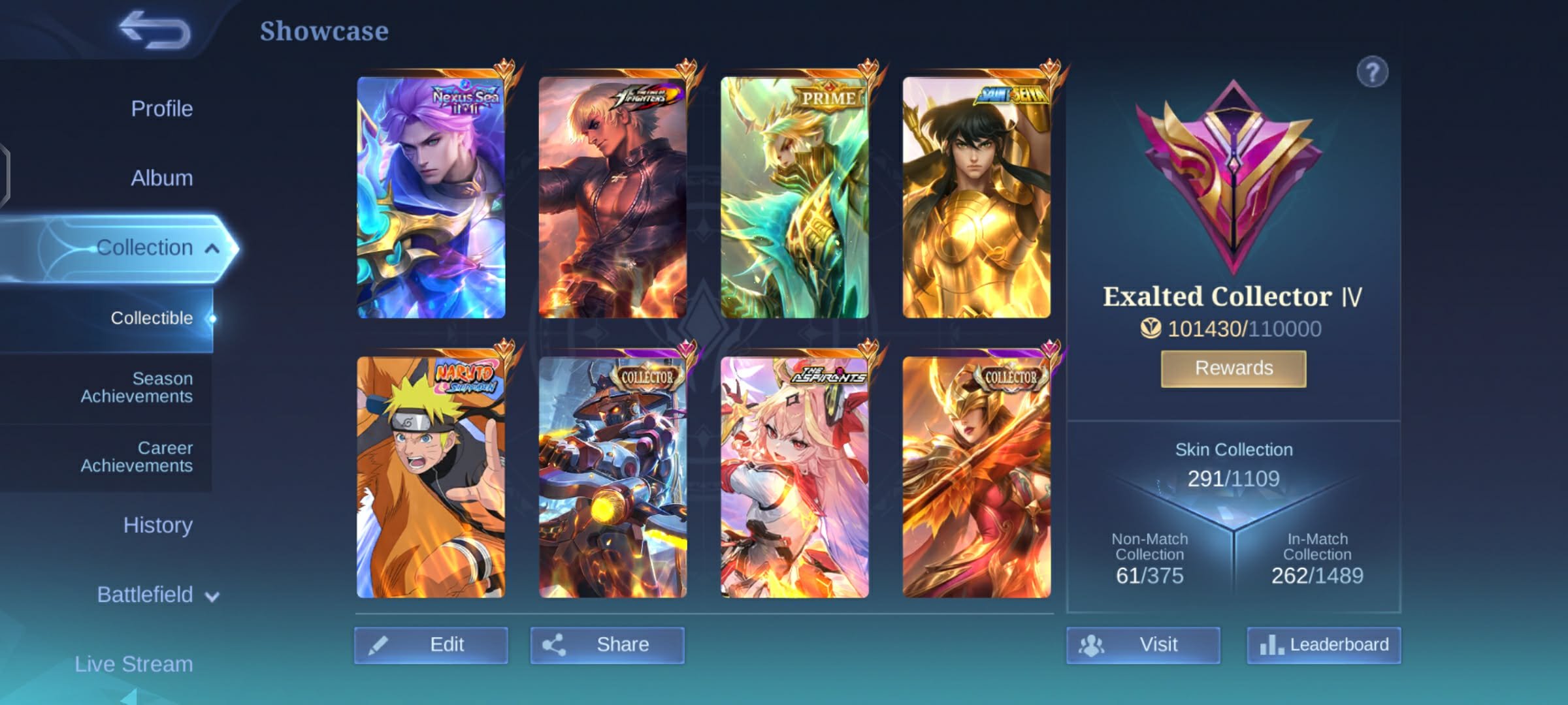 ✅🔥KOF Gusion-Karina, Prime Granger-Claude, Aspirants Guinevere-Chang'e, Naruto Lukas, Nexus Nolan., Sale, Rank: Mythic, Level: 78, Winrate: 55%, Heroes: 99, Skins: 293
