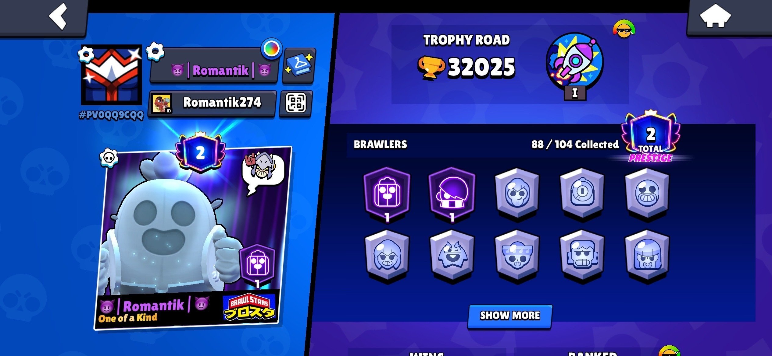 32025 CUPS 88 104 59 BP SKINS 21 BRAWLER AT 11 POWER, trophies 32025, brawlers 88, primes 2