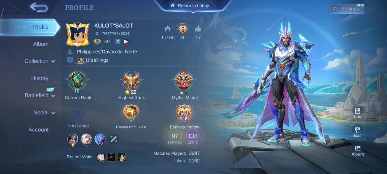 Collector Natalia🌈EPIC🌈(Freya⭐Khaled⭐moskov⭐Roger⭐YSS EPIC Nana)🌈 emblem Max, Sale, Rank: Mythic, Level: 59, Winrate: 52%, Heroes: 97, Skins: 138