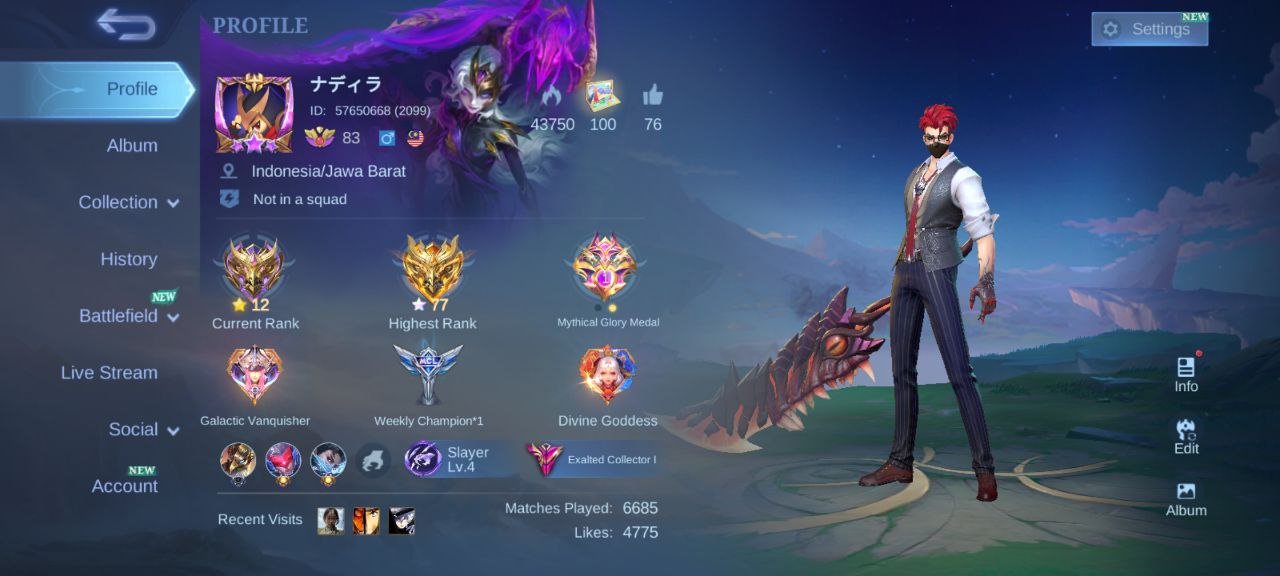 🖤Legends Lunox–Freya🖤Soul Vessel Hanabi,Aspirant Chang’e,Prime Chong,Lucky Box Gatotkaca–Karrie🖤, Sale, Rank: Mythic, Level: 83, Winrate: 52%, Heroes: 131, Skins: 460