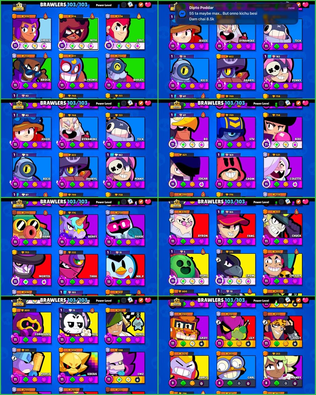 ▣ 47K Trophies ▣ 103 brawler unlocked ▣ 39x Max Brawlers ▣ 35 Hypercharged ▣ 304 Skins ▣, trophies 47000, brawlers 103
