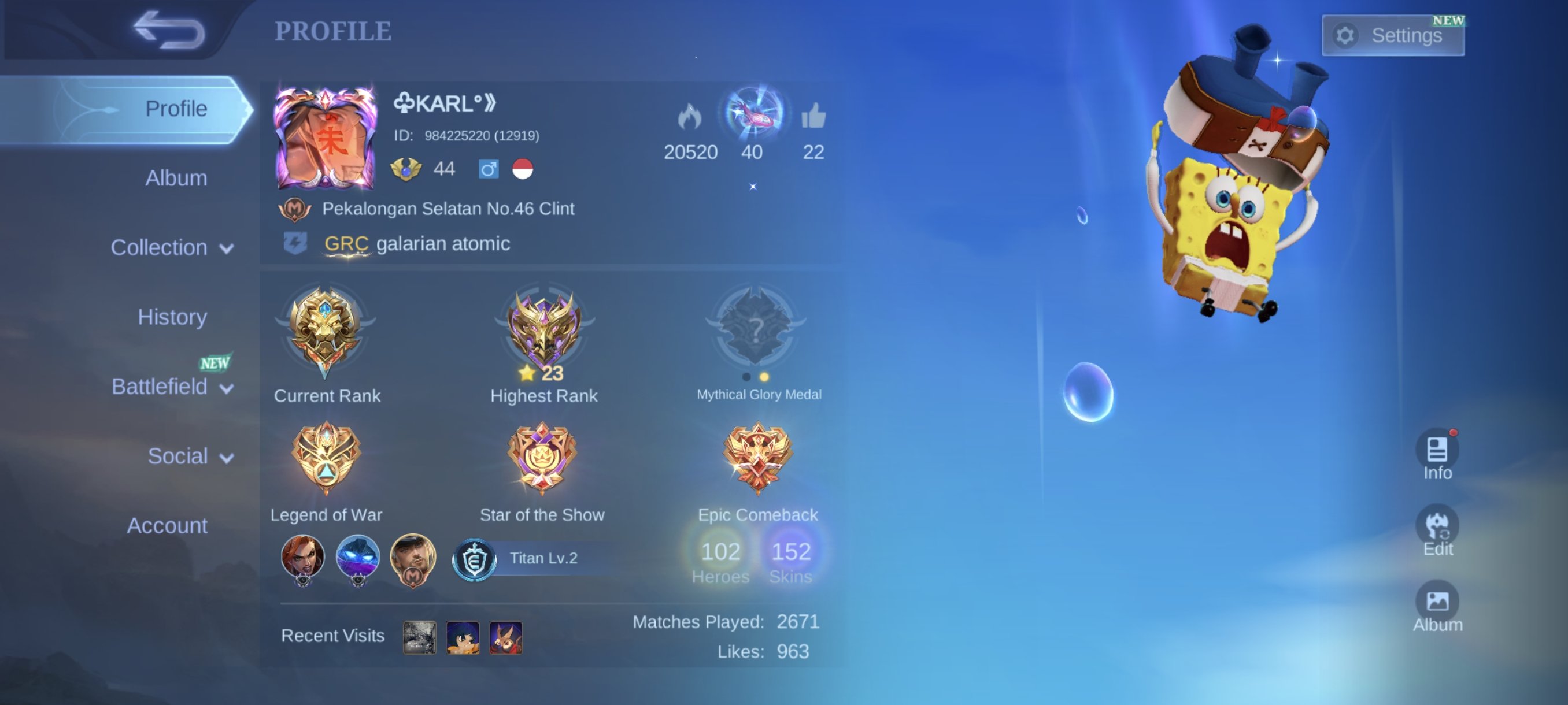 Lots of skins and heroes🥶Inventor Harley🥰 Frost Wing Kimmy😍Vine Cradle Valir💥SpongeBob Cyclops🌟, Sale, Rank: Legend, Level: 74, Winrate: 53%, Heroes: 102, Skins: 152