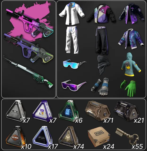 💖[PROGRESSIVE] NEON DREAM AUG + MAGENTA CHROMA + COSMIC CALIBER KAR98K💖🔥240 CHESTS🔥🎀MANY SETS🎀, No BATTLEGROUNDS Plus
