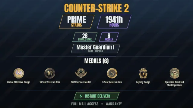 CS2 Prime👑1900h✨6 medals Veteran Coin 10 years, Service Medal 2021, Operation Breakout, Sale, With inventory, Has PRIME