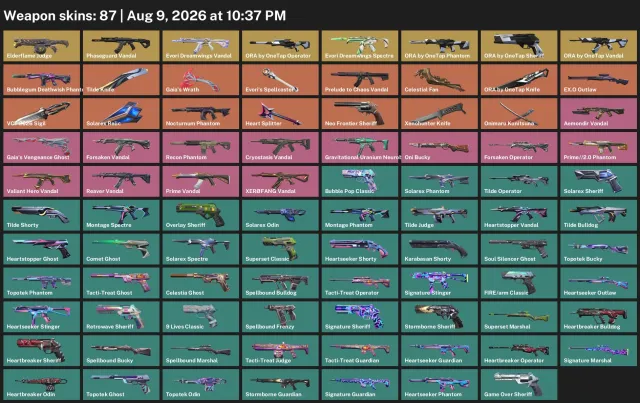 87 skins Sigil VCT 2026 + ORA from OneTap, Sale, Platinum 1, Agents: 24, Skins: 87