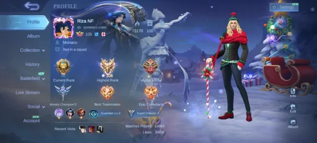 🔥Collector Natalia EPIC Kagura khufra change Harley Bane pegasus badang emblem Max Immortal highest, Sale, Rank: Mythic, Level: 105, Winrate: 49%, Heroes: 124, Skins: 186