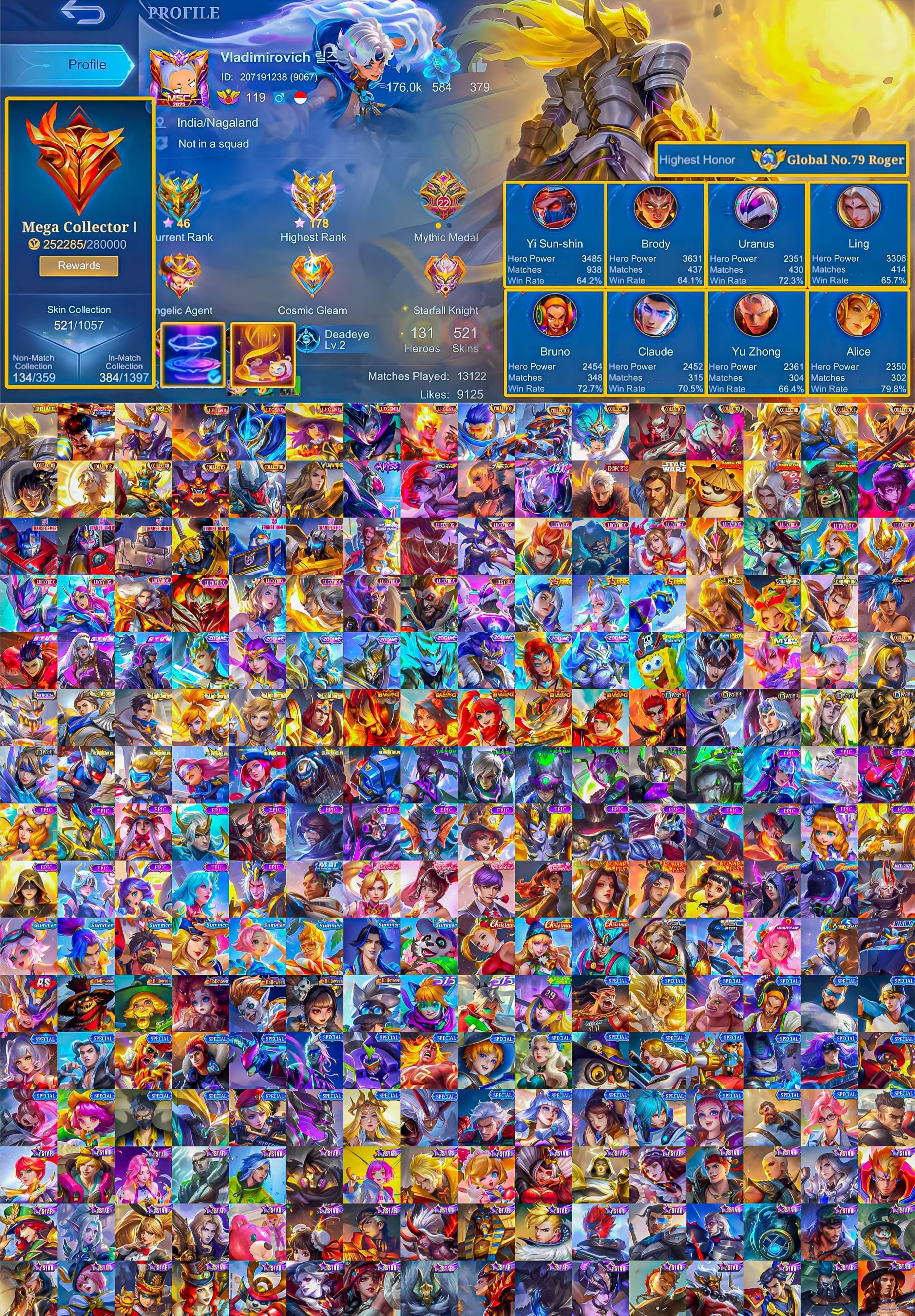 5 LEGENDS, 12 COLLECTORS, COLLAGES. MEGACOLLECTIONIST. ABYSS. EXORCIST, Sale, Rank: Legend, Level: 124, Winrate: 59%, Heroes: 132, Skins: 548