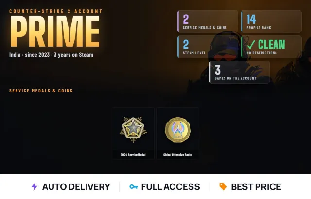 🧨 CS2 Prime 🧨 2 medals 🧨 CS2 level 14 🧨 3 games 🧨 2024 Service Medal + Global Offensive Badge, Sale, Inventory empty, Has PRIME