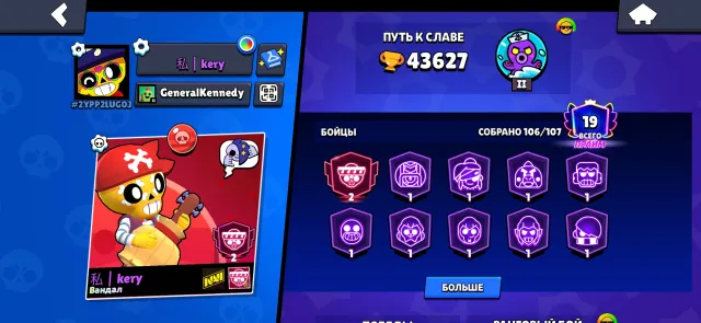 More screenshots in DMs, 43627 trophies, 106 brawlers, 19 primes
