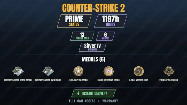【CS2 Prime💎1100h🎯6 medals】 Service Medal 2021, Service Medal 2025, Premier Season Three, Sale, With inventory, Has PRIME