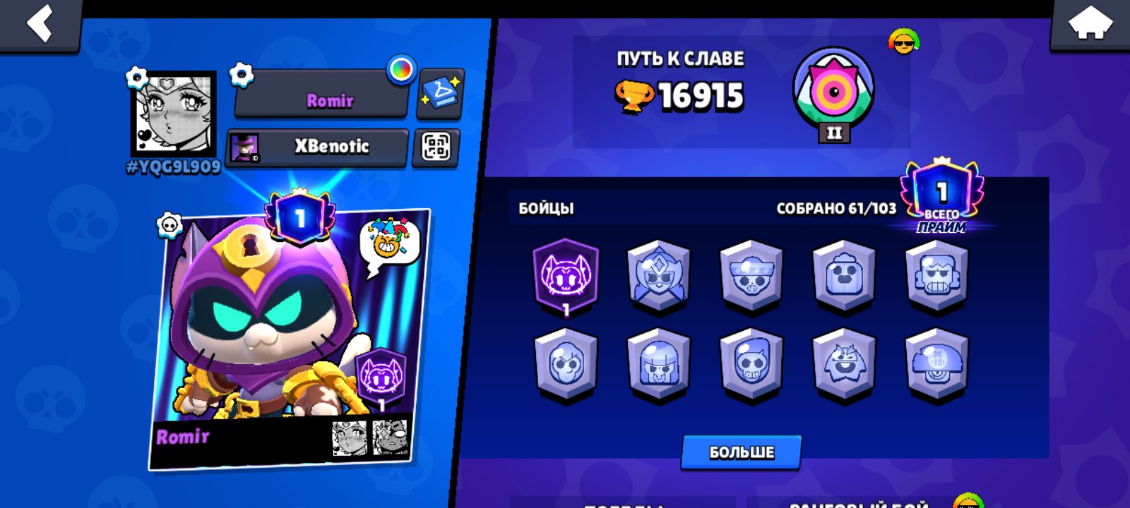 Old account since 2020, trophies 16915, brawlers 61, primes 1
