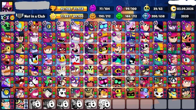 🤍90k🤍100/106🤍99 11 POWER🤍77 HYPER🤍386 SKINS🤍83 TITLES🤍39 BUFFS🤍, 90000 trophies, 100 brawlers