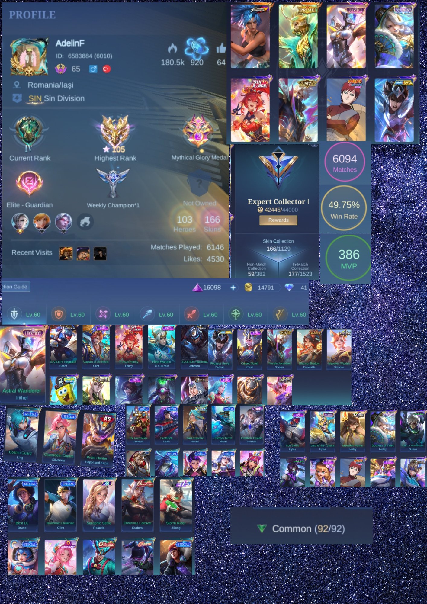 [SEA/GLOBAL] Ex-Immortal 105⭐| 166 Skins | Beatrix Prime, Gaara, Lucky Box Irithel | Emblem Max, Sale, Rank: Epic, Level: 65, Winrate: 49%, Heroes: 103, Skins: 166