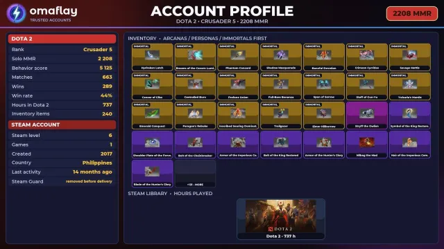 ⚡ 【DOTA 2】 💎 RYCZARZ 5 · 2208 MMR | 5125 PORZĄDNOŚCI 💎 PEŁNY DOSTĘP #471A2X, Sprzedaż, 2208 MMR, 5125 porządności, 5125 uprzejmości, 663 meczów, 737 godzin