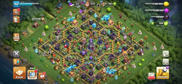 🏆【5 builders】🌬️【Full base and wall (14th Town Hall)】🌃【1 paid skin】🧙【】, 15 TH Home Village, 7 TH Builder